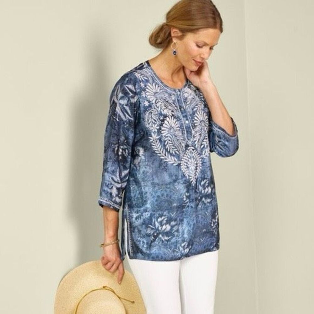Soft Surroundings Silvia Embroidered 3/4 Sleeve Popover Tunic Top Blue 2X NWT